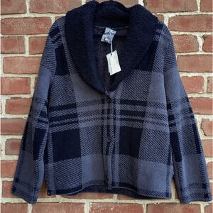 BAREFOOT DREAMS BLACK GRAY PLAID COZYCHIC SHEARLING CARDIGAN SWEATER JACKET SZ S